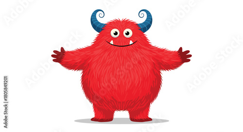 A big friendly and fluffy red monster with curly blue horns standing with its arms wide open for a hug on white background.