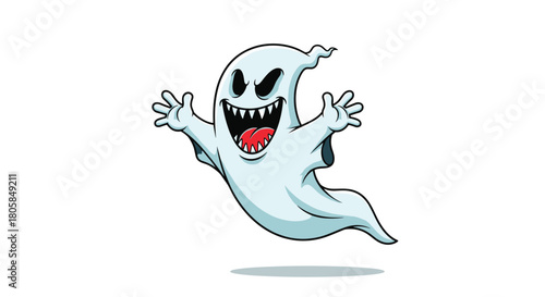 A scary and menacing ghost character with sharp teeth and evil black eyes flying with open arms on a white background.