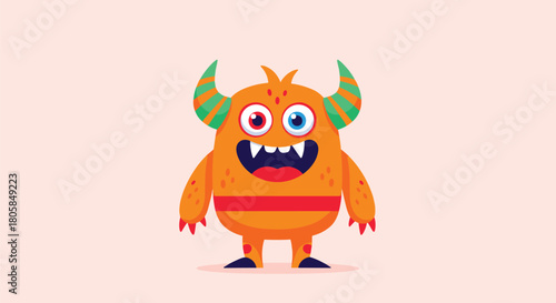 A quirky orange monster character with heterochromia striped horns and a big happy smile on a light pink background vector.