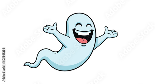 An overjoyed cartoon ghost character flying with a huge happy smile and wide open arms isolated on a white background.