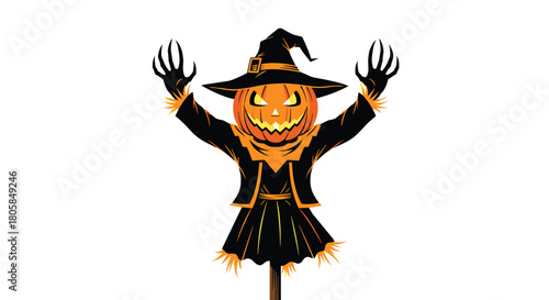 A spooky black and orange silhouette of a Halloween scarecrow with a jack-o-lantern head and claws on a white background.