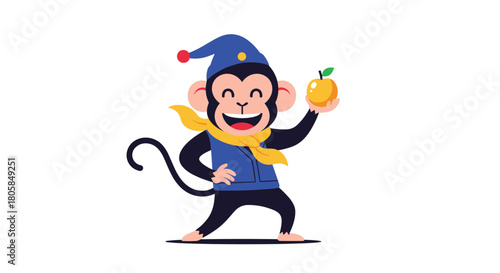 A charming cartoon monkey character wearing a blue hat and vest smiling happily while holding a golden apple on white background.