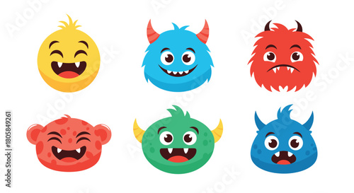 A collection of six colorful and funny cartoon monster heads showing various emotions like happy sad and angry on white.
