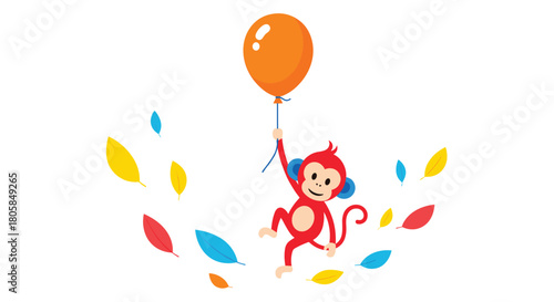 A cute red monkey character floating away holding an orange balloon among colorful falling leaves on a white background.