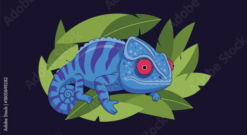 A detailed illustration of a blue chameleon with striking red eyes resting among green tropical leaves on a dark background.