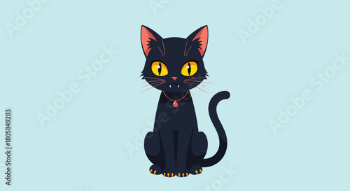 A sleek black cat character with sharp fangs and intense yellow eyes sitting on a solid light blue background for Halloween.