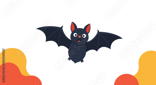 A simple cartoon bat character looking scared while flying on a white background with abstract orange and red corner elements.