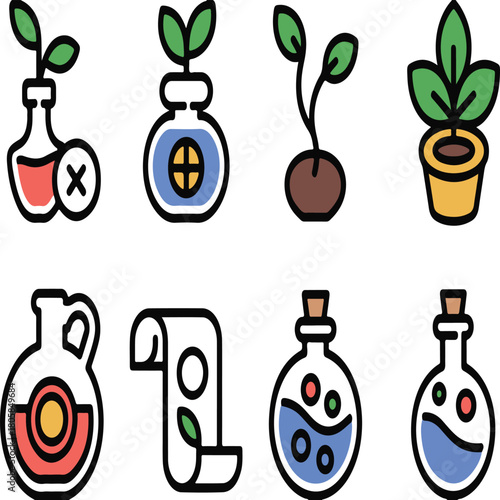 Eight nature and alchemy themed icons depicting plants sprouts and magic potions for science or fantasy projects