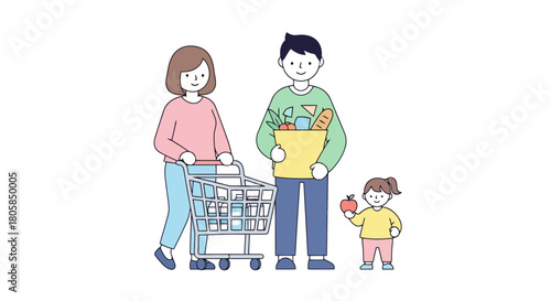 Happy Family Grocery Shopping Trip with Cart and Shopping Bag Full of Food