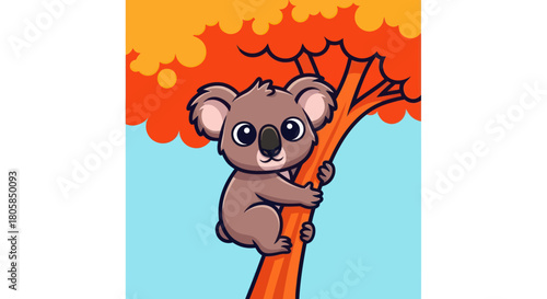 Adorable cartoon koala bear clinging to a tree branch.