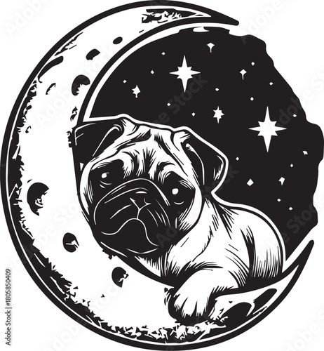 Pug on the Moon: An adorable pug perches upon a crescent moon against a starlit canvas, evoking feelings of whimsical charm.