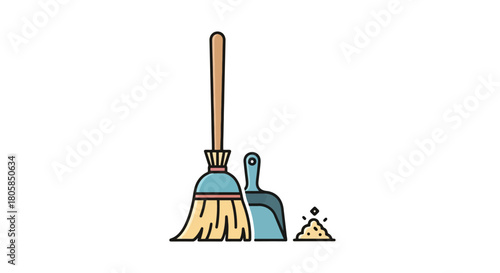 Broom and Dustpan Icon Set for Cleaning and Tidying Up