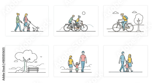 Diverse Vector Line Art Illustrations of People Enjoying Outdoor Activities