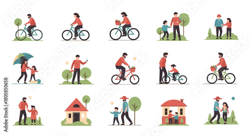 Family Outdoor Activities Set Cycling Walking Playtime Illustrations