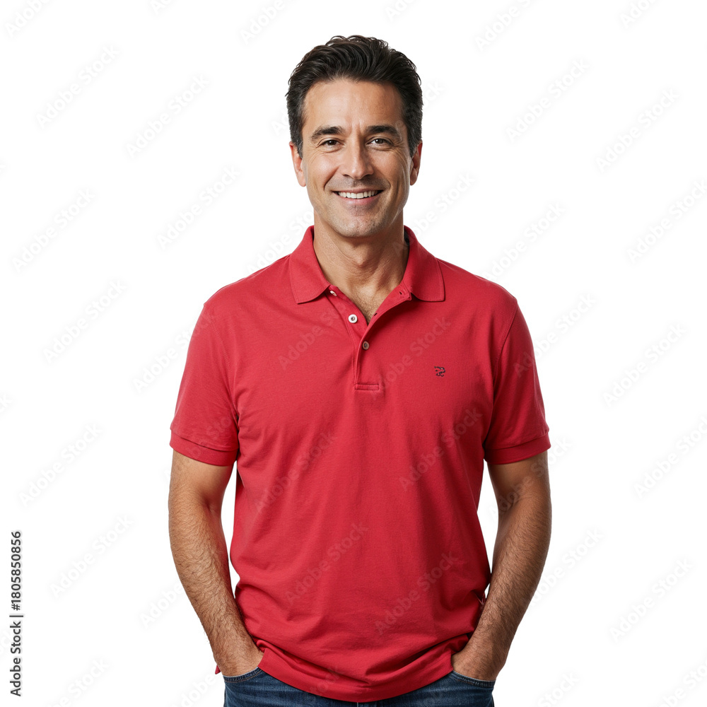 Fototapeta premium Smiling middle-aged man in red polo shirt posing confidently with hands in pockets isolated on transparent background