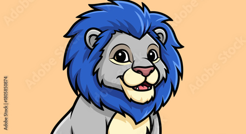 Cute Cartoon Lion with Blue Mane Smiling Adorably.