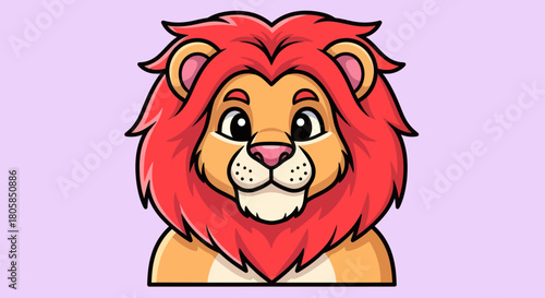 Cute cartoon lion face with vibrant red mane and friendly expression.