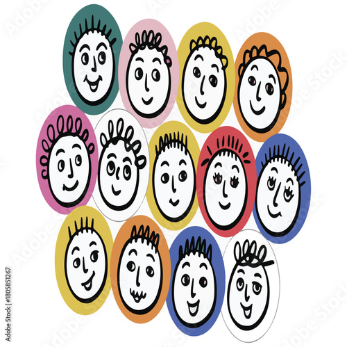 Twelve diverse hand-drawn cartoon faces with various hairstyles and expressions in colorful oval frames