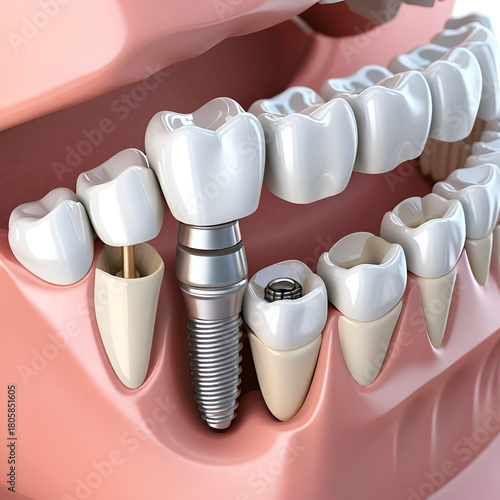 Close-up 3d illustration of a dental implant in the human jawbone