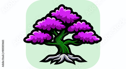 Stylized illustration of a vibrant purple tree with exposed roots.