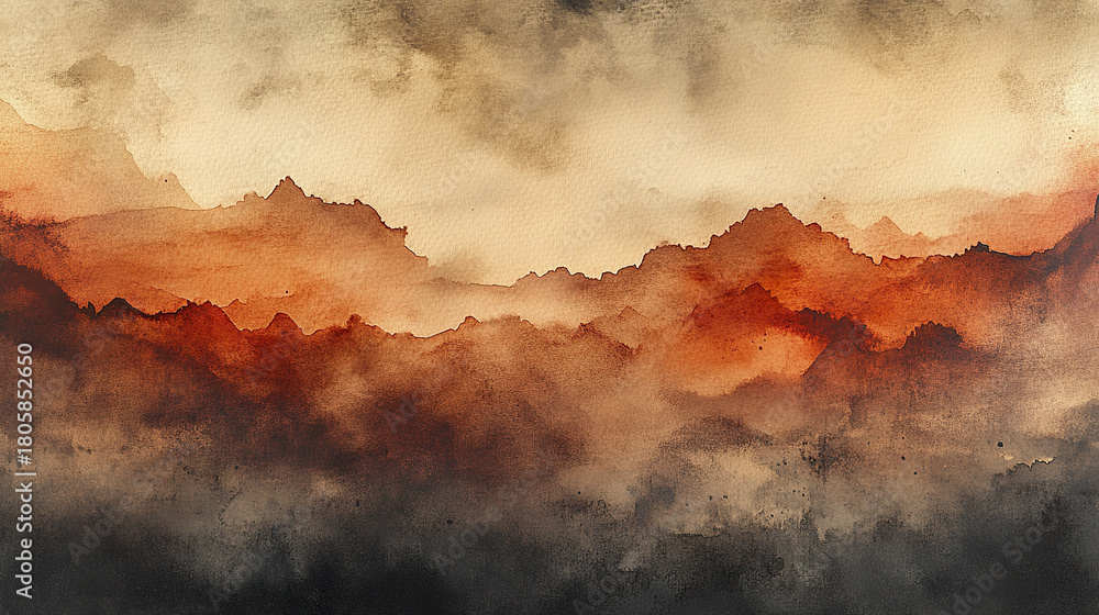 Obraz premium Textured watercolor background in warm brown hues with abstract mountain shapes and misty atmosphere creating dramatic and moody landscape effect