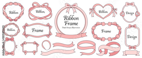 hand-drawn pink ribbon frame set, decorative handwritten illustration graphics included.

