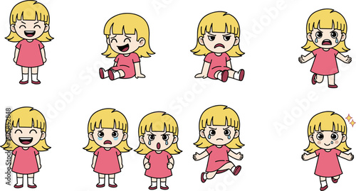 Cute blonde little girl character set showing various emotions and poses for animation, comics, and educational vector illustration design