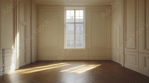 Wallpaper Mural Empty room with smooth wooden floor and large window letting in natural light, classic wall paneling adds elegant charm to bright unfurnished interior space Torontodigital.ca
