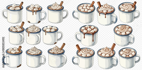 Watercolor illustration of various hot chocolate mugs topped with marshmallows, whipped cream, chocolate drizzle, and cinnamon sticks.