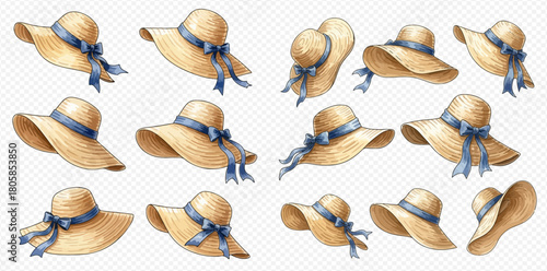 Collection of watercolor illustrations featuring various straw hats with blue ribbons and bows.