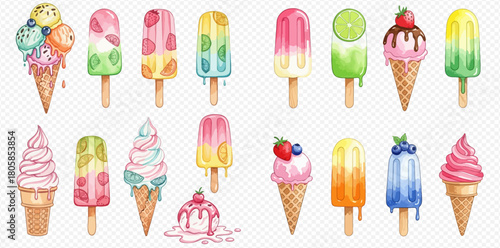 A vibrant watercolor illustration featuring a variety of colorful ice creams and fruit popsicles, perfect for summer treats and dessert themes.