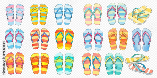 A vibrant collection of watercolor-style striped flip-flops in various colors, perfect for summer and beach themes.