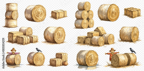 Watercolor illustration set of various hay bales, including round and rectangular shapes, some with crows and scarecrows, on a transparent background.