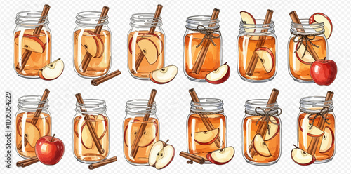 Collection of hand-drawn apple cider drinks in glass jars, garnished with cinnamon and fresh apple slices, perfect for autumn beverages.