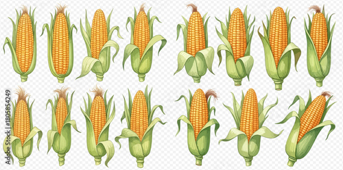 Collection of fresh corn cobs with green husks, some fully exposed, some partially peeled, and some still covered, on a white background.