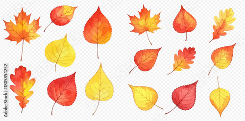 A collection of vibrant watercolor autumn leaves in various shapes and colors, perfect for fall designs and seasonal decorations.