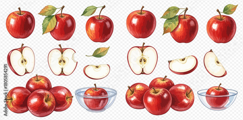 A collection of red apples, whole, halved, sliced, and in a bowl, on a transparent background.