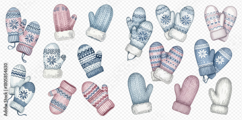 Watercolor illustration set of various knitted winter mittens with snowflake and striped patterns in pastel blue, pink, and white colors.