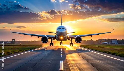 Airplane coming in for landing at sunset. Runway view with golden light shining behind the plane