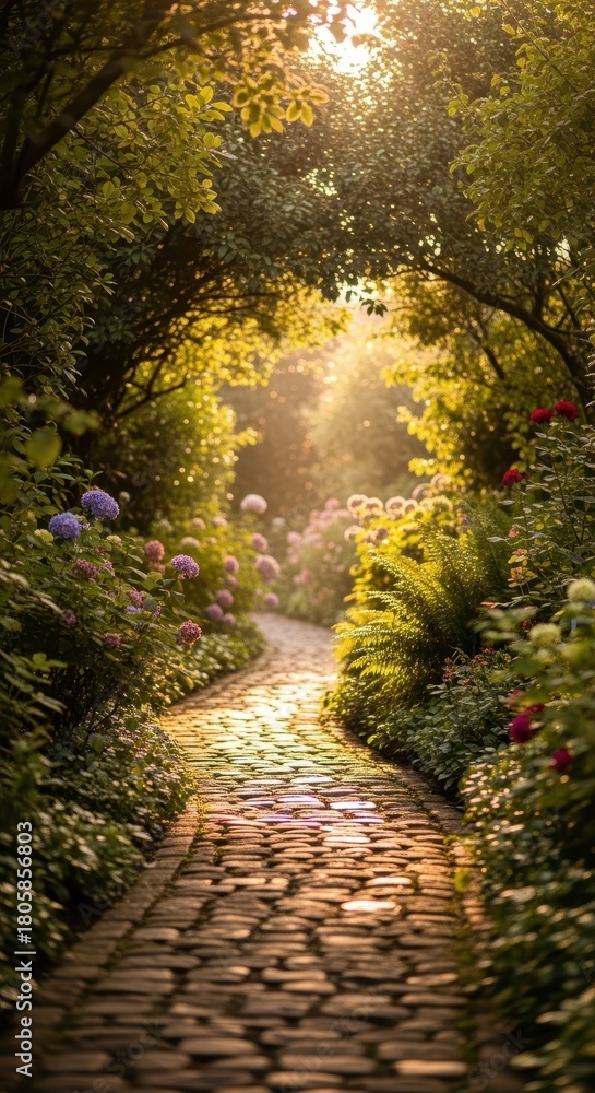 Naklejka premium Winding garden path illuminated by bright sunlight filtering through an archway of lush green foliage