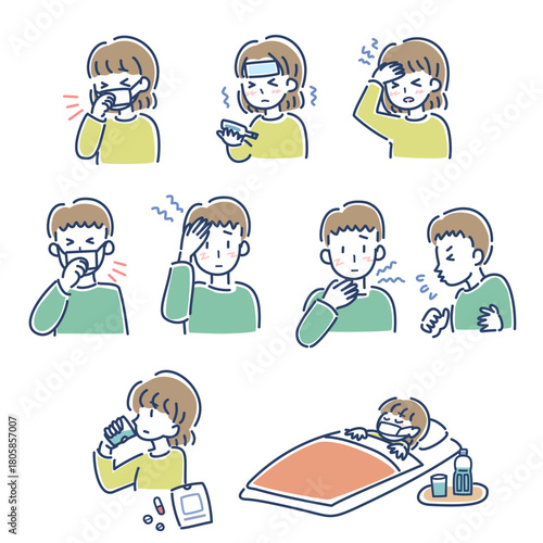 風邪をひいて体調が悪い男女のベクターイラストセット