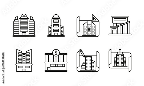 Banner Commercial Building Design icon set. Commercial Building, Office Tower, Corporate Architecture, Modern Building, Highrise Structure, Business Complex, Urban Architecture, Skyscraper Planning
