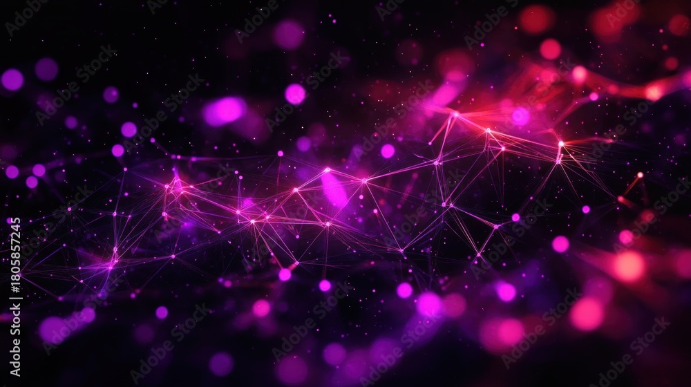 Obraz premium glowing purple and pink network of interconnected nodes and fine lines with floating particles and bokeh, futuristic mysterious and energetic atmosphere