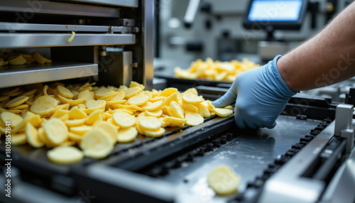 Sliced potato chips being processed on industrial conveyor belt in modern food factory, worker wearing blue glove handling fresh potato slices, clean and efficient production line