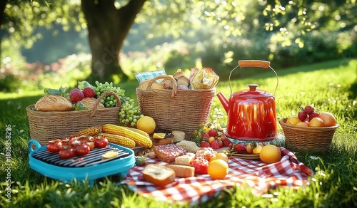Fototapeta Naklejka Na Ścianę i Meble -  sunlit outdoor picnic with red kettle and blue portable grill on a checkered blanket, wicker baskets of bread, grapes, corn, fruit and cheese in a relaxed joyful summer meadow