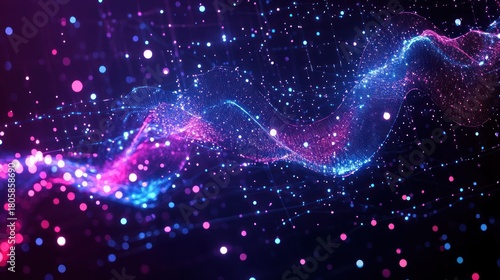 flowing neon particle wave of blue and pink glowing dots and mesh over dark grid, futuristic dynamic energy and mesmerizing motion