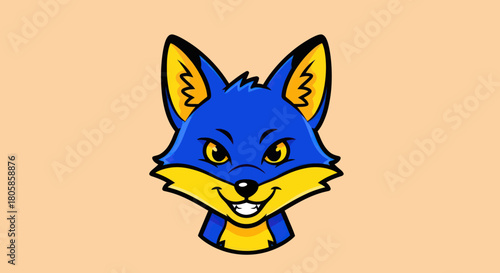 Cartoon Fox Head with Blue Fur and Yellow Accents.