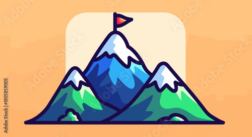 Cartoon Mountains with Flag - A Symbol of Achievement and Adventure.