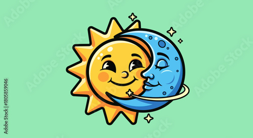 Cartoon Sun and Moon Embracing with Smiling Faces and Starry Accents.