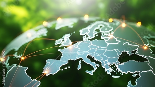 Illustration of global network connection over europe with green background
